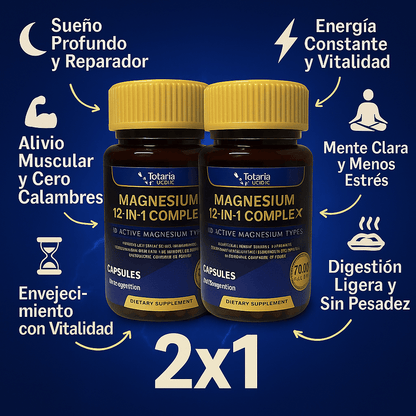 MAGNESIUM 12 EN 1: La Única Fórmula con 12 Formas de Magnesio en Una Sola Cápsula.